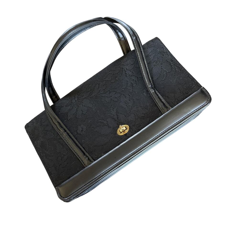 Vintage Verdi Top Handle Bag Womens Small Black Floral Jacquard Leather USA